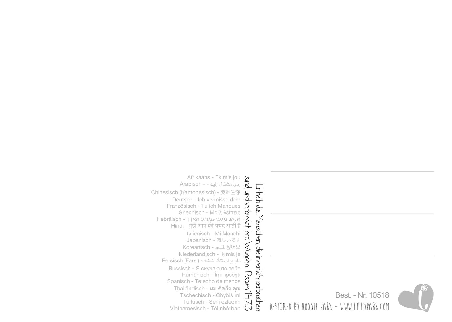 Postkarte "I miss you", in 20 Sprachen - LILLYPARK